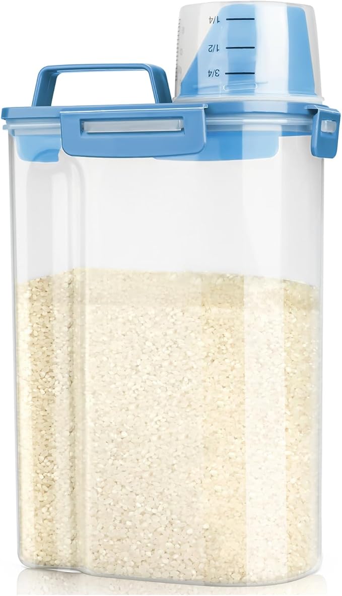 Rice Airtight Storage Container, 3 to 5Lbs Cereal Dry Food Flour Bin, Pet Dog Cat Food Dispenser with Measuring Cup, BPA Free Clear Plastic Kitchen and Pantry Organization Bin for Sugar, Pasta