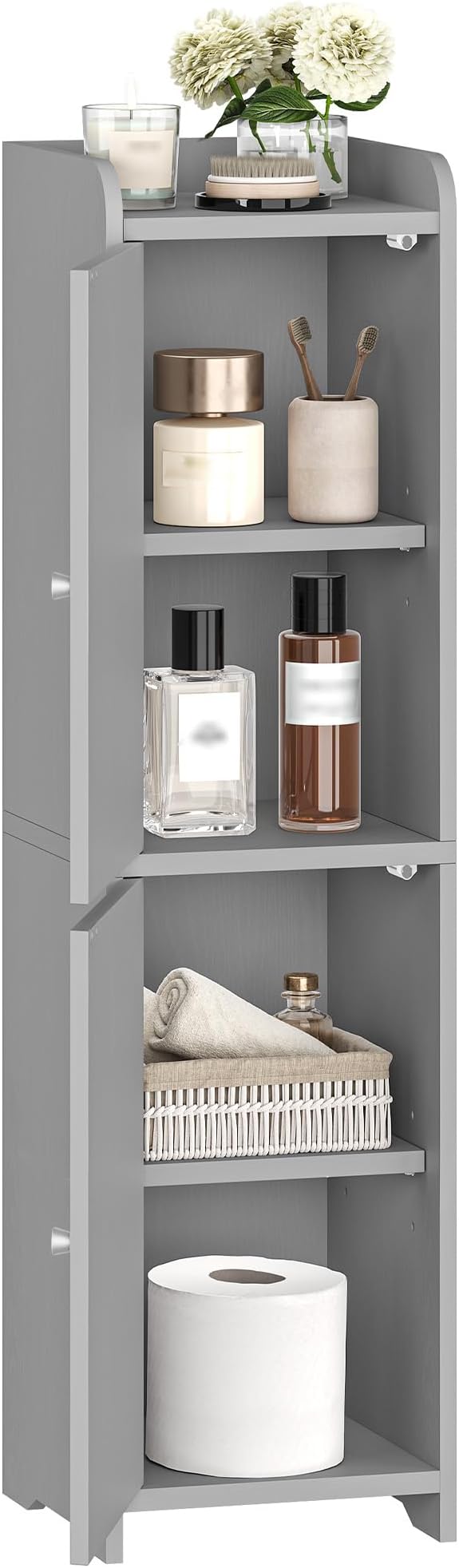 Bathroom Storage Cabinet, Small Corner Floor Cabinet with 2 Doors and Adjustable Shelf, Narrow Toilet Paper Cabinets, Bathroom Organizer for Small Spaces, 7.9" D x 7.9" W x 29.5" H Gray