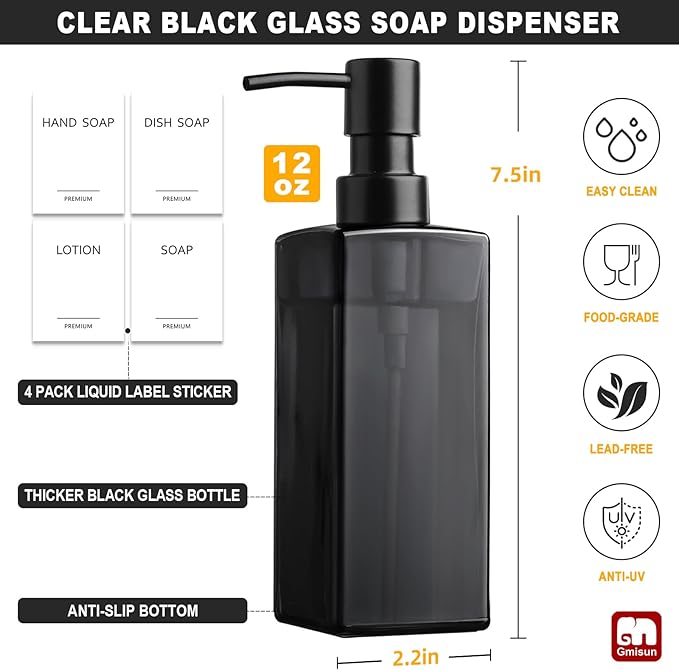 GMISUN Black Glass Soap Dispenser, Hand Soap Dispenser with Stainless Steel Pump for Bathroom, 12 fl oz/350ml Refillable Dish Dispensers for Kitchen, Modern Liquid Lotion Bottles for Countertop