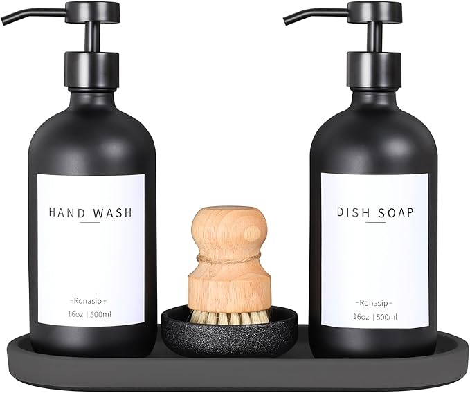 Set of 5 Kitchen Soap Dispenser Set 16 Oz Glass Hand Dish Soap Dispenser with Stainless Steel Pump, Cement Tray, Dish Scrub Brush for Farmhouse Rustic Home Bathroom Decor (Black)