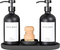 Set of 5 Kitchen Soap Dispenser Set 16 Oz Glass Hand Dish Soap Dispenser with Stainless Steel Pump, Cement Tray, Dish Scrub Brush for Farmhouse Rustic Home Bathroom Decor (Black)