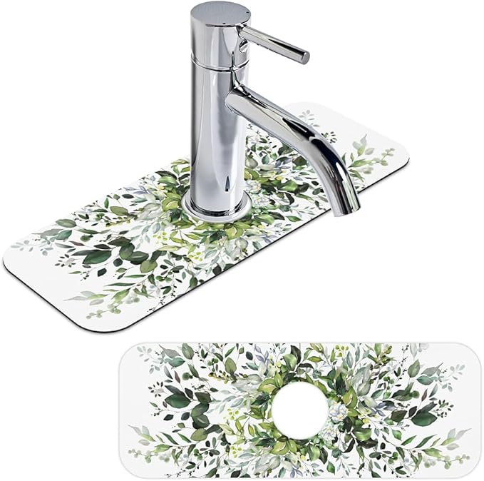 Sink Faucet Absorbing Mat, Spring ﻿Fresh Green Leaf Kitchen Faucet Mat, Sink Splash Guard, for Bathroom Kitchen Sink Splash Guard Drying Mat 15.4"x5.7"