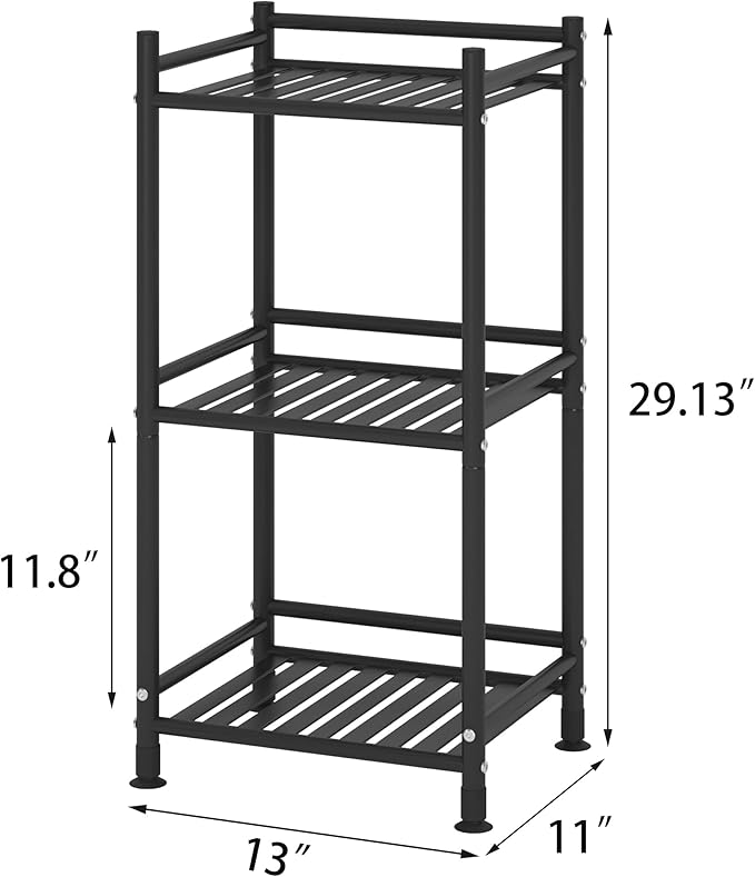 3 Tier Bathroom Storage Open Shelf Unit, Free-Standing Metal Corner Rack Shelving for Kitchen, Living Room, Hallway (Matte Black, 3 Tier)