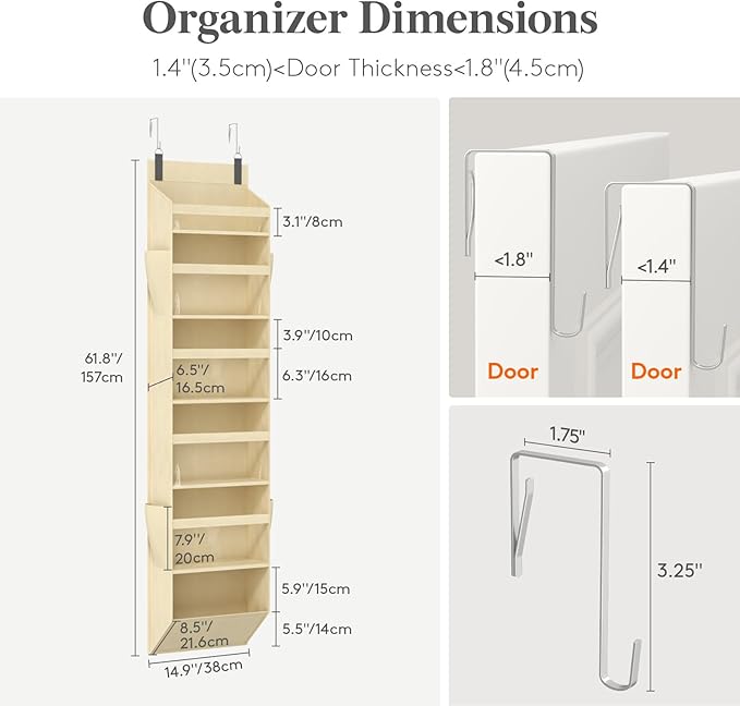 Lifewit 1 Pack Over the Door Organizer, Clear Window Hanging Storage with 4 Mesh Side Pockets, Anti Tilt 40 lbs Load Behind Door for Pantry, Nursery, Bathroom, Bedroom, Dorm, 6 Section, Beige