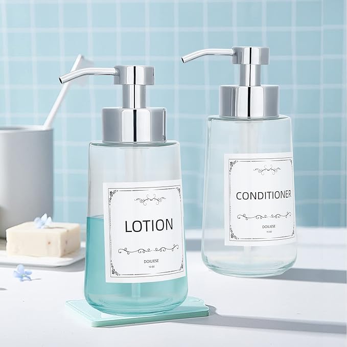 Doiliese Soap Dispenser, Clear Glass Soap Dispenser with Rust Proof Pump, 16oz Liquid Soap Pump with Waterproof Labels, Dish & Hand Soap for Bathroom, Kitchen, Chrome Pump, Pack of 2
