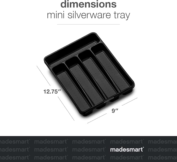 madesmart Small Silverware Tray, Compact 5 Compartment Flatware Organizer for Forks, Knives & Spoons, Non Slip, Soft Grip Lining, Fits Small Drawers, Black