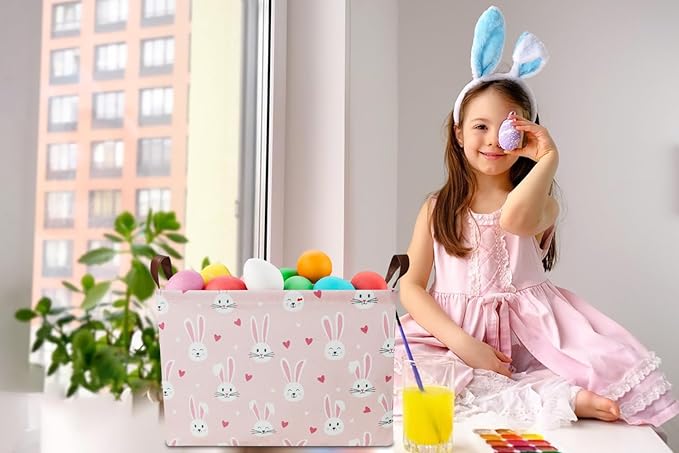 Rectangular Pink Bunny Easter Gift Basket,Pink Storage Basket with Handles,Toys/Books Box,Room Decor(Bunny)