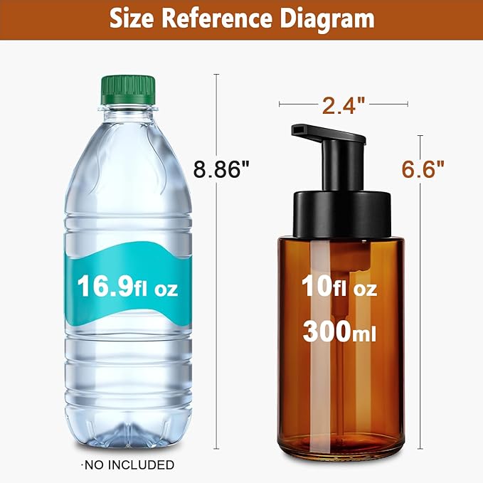 Amber Foam Soap Dispenser, 10 oz/300ml Glass Foaming Soap Dispenser, 4 Pcs Foaming Hand Dispenser for Bathroom & Kitchen, Refillable Bottle with Waterproof Labels