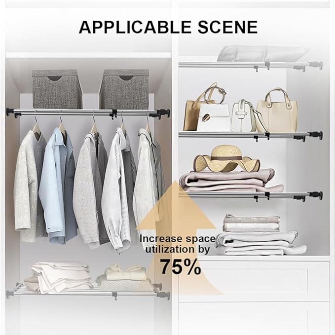 Hershii Expandable Closet Tension Shelf Rod Adjustable Metal Storage Rack Cabinet Organizer DIY Divider Separator Shelves for Wardrobe Cupboard Kitchen Bathroom, Black, 19.69-31.5inches