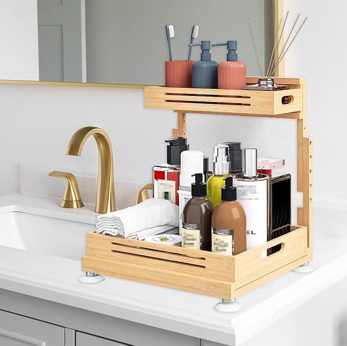 Under Sink Organizer, Pull Out Cabinet Organizer, 2 Tier Slide Out Sink Shelf Cabinet Storage Shelves, Storage for Kitchen Bathroom, Natural Premium Bamboo Wood