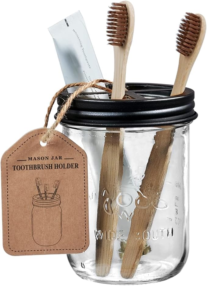 SheeChung Mason Jar Toothbrush Holders, Bathroom Accessories, Bathroom Essentials, Bathroom Organizers and Storage, Bathroom Countertop Organizer, Glass Toothbrush Holders for Bathroom-Black, 2Pcs