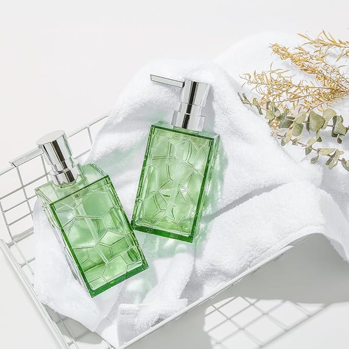 2 Pack Clear Saga Green Rust Proof Soap Dispenser Bathroom, Acrylic Plastic Hand Soap Lotion Dispenser with Pump for Bathroom&Kitchen