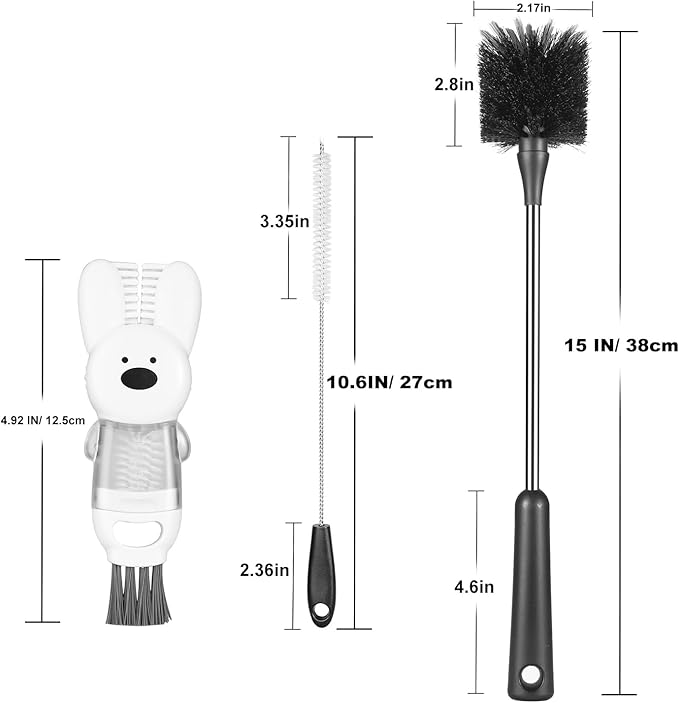 [3 Pack] Bottle Brushes, Stainless Steel Long Handle Water Bottle Scrub Cleaning Brush Set Including Straw & Lid Cleaner for Baby Bottles, Sports Cups, Coffee Mugs, Tumblers
