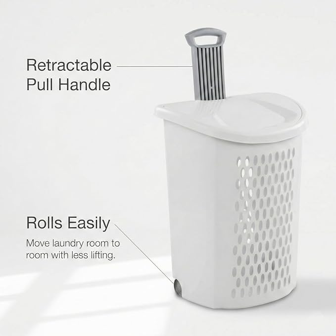 Wheeled Laundry Hamper with Smooth Rolling Wheels, Large Ventilated Plastic Clothes Basket for Easy Transport, Ideal for Laundry Rooms, Dorms, Apartments (White)