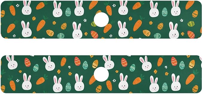 Kitchen Sink Splash Guard 2 PCS 30 Inch Sink Faucet Mat Splash Guard for Bathroom Countertop Water Absorbent Foldable Cuttable Soft Washable Deep Green Easter Rabbit Eggs Carrots