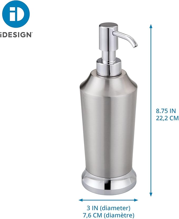 iDesign Stainless Steel Soap Dispenser Pump, The Preston Collection – 2.9" x 2.9" x 8.5”, Brushed & Chrome Split Finish