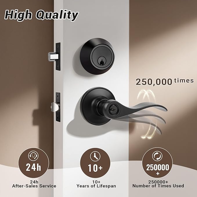 Knobonly 3 Set Entry Door Lever and Deadbolt Lock Set, Deadbolts Keyed Both Sides, All Keyed Same, Wave Style Front and Exterior Door Handleset with Double Cylinder, Matte Black Finish