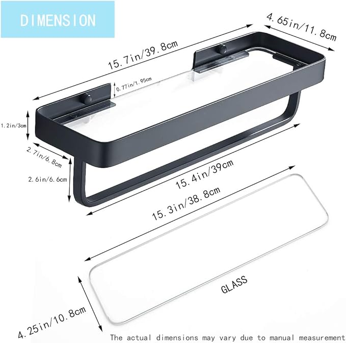 15.7 Inch Bathroom Tempered Glass Shelf with Towel Bar,Wall Mounted Aluminum Shower Organizer,Over Toilet Storage Cabinet,Matte Black,Kitchen Rectangular Vanity Rack
