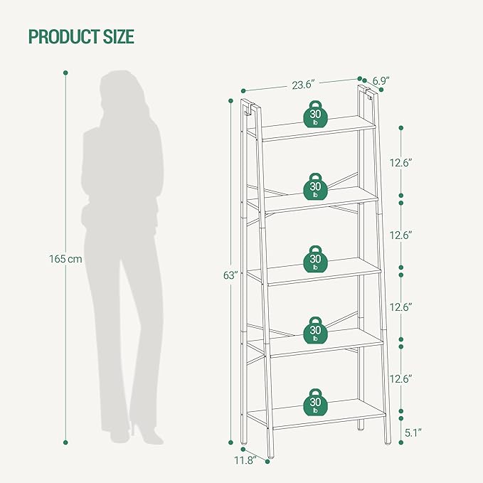 Ladder Shelf, Bookshelf Bookcase, Freestanding Corner Storage Shelve with 2 Hooks for Home Office, Living Room, Kitchen, Bedroom, Industrial, 11.8" D x 23.6" W x 63" H, Rustic Brown BC19301B