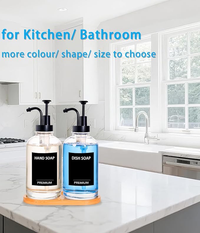 Dish Soap Dispenser for Kitchen, Hand Glass Soap Dispenser Set with Pump, Tray, Funnel for Bathroom, Shower, Laundry, Liquid, Lotion (Black 2 Pack 18 Oz Clear Bottles with 12 Stickers)