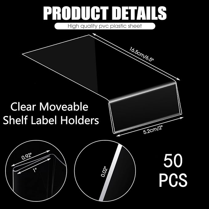 Containlol 50 Pcs Moveable Shelf Label Holders, Clear Bookshelf Label Library Shelf Markers Bookshelf Divider Tags for Library Office Classroom Home(2 x 1 Inch)