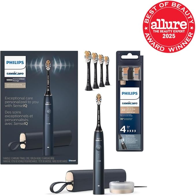 Philips Sonicare DiamondClean Prestige 9900 Rechargeable Electric Toothbrush with SenseIQ, 5 Premium All-in-One Brush Heads, Plaque Removal, Gum Care, Whitening, Midnight, BD9002AZ