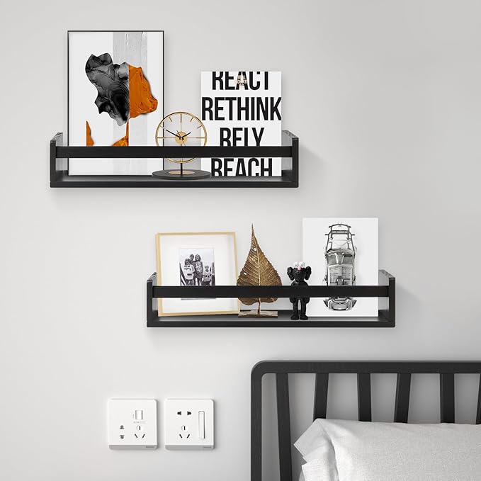 Gneric Floating Shelves for Wall, Black Nursery Book Shelves 2 Pack, 23.6 inch Kids Bookshelf, Wall Shelves for Living Room Bedroom Decor,Kitchen Spice Rack,Bathroom Storage Rack