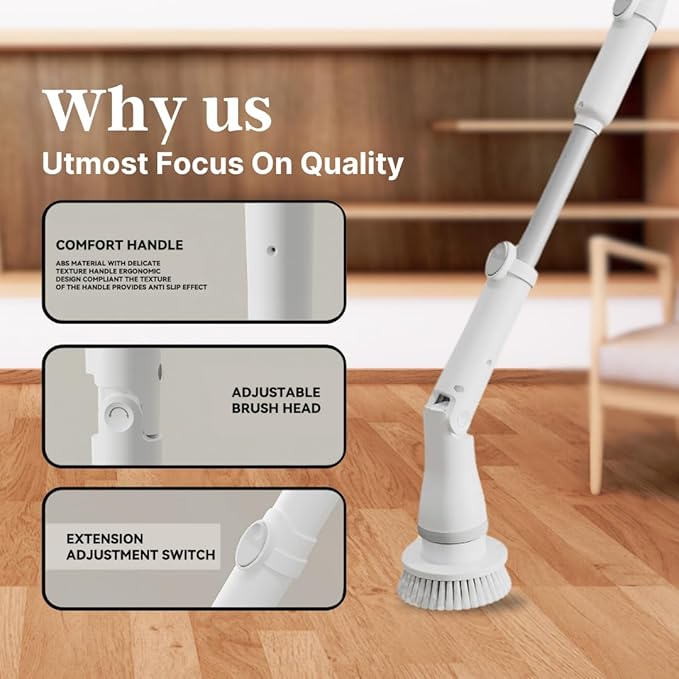 Electric Spin Scrubber Cordless – High-Power Bathroom & Shower Cleaner with Long Handle, 8 Replaceable Heads, Dual Speed (350/420 RPM), 200-Minute Battery Life for Tile, Floor, and Grout Cleaning