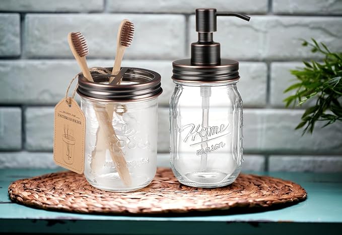 SheeChung Mason Jar Toothbrush Holders, Glass Toothbrush Holders for Bathroom, Bathroom Essentials, Mason Jar Bathroom Accessories Set, Bathroom Countertop Organizer-Oil Rubbed Bronze