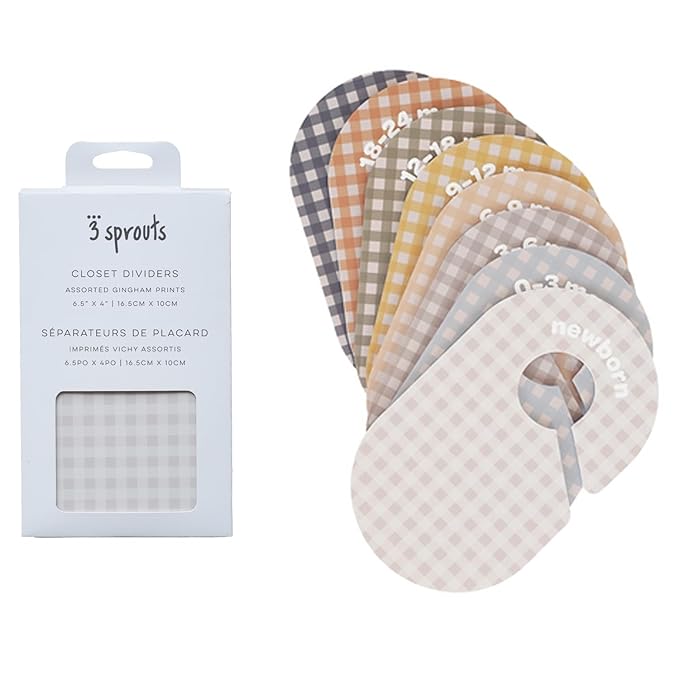 3 Sprouts Baby Closet Dividers Set of 8 - Clothes Organizer Toddler Hanger, Double-Sided Size Labels - Nursery Organization for Newborn Clothing, Infant to 2T Boy & Girl - Gingham