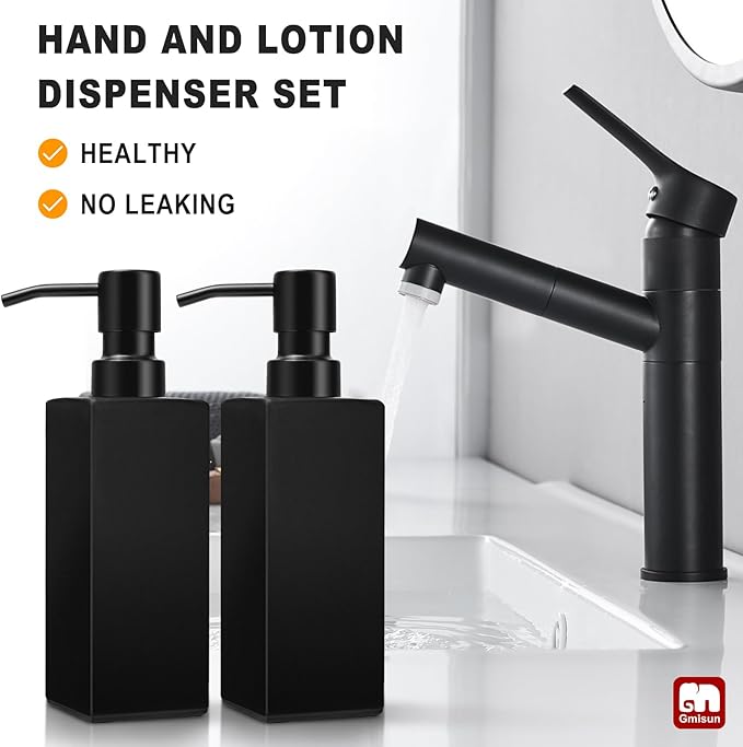 GMISUN Black Soap Dispenser Bathroom, Glass Hand Soap Dispenser with Stainless Steel Pump, 12 fl oz/350ml Refillable Dish Dispensers for Kitchen, Modern Liquid Lotion Bottles for Bathroom Countertop