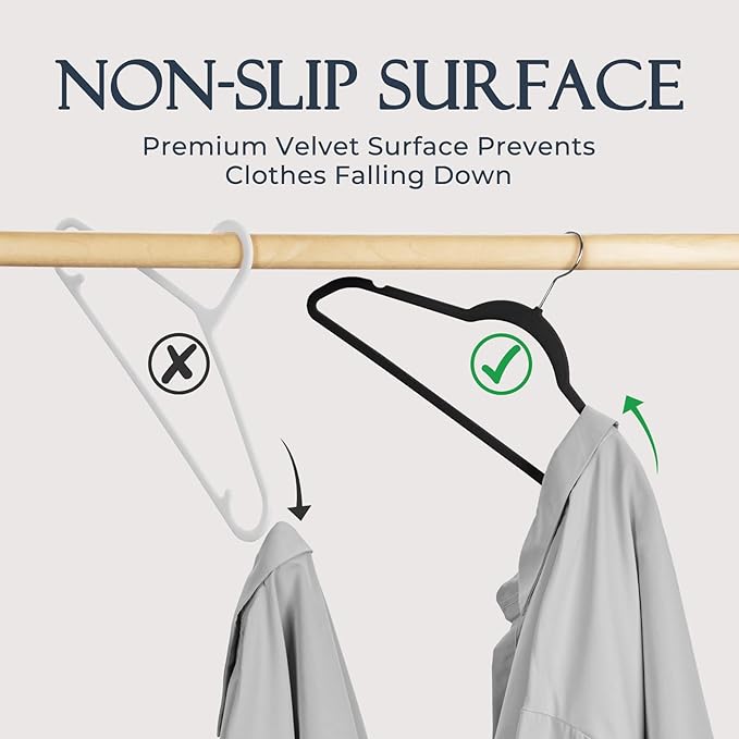 HOUSE DAY Black Velvet Hangers 40 Pack, Non Slip Clothes Felt Hanger Heavy Duty for Coat, Premium Slim Space Saving Suit Hangers for Closet Organizer, 360° Rotating Silver Hook