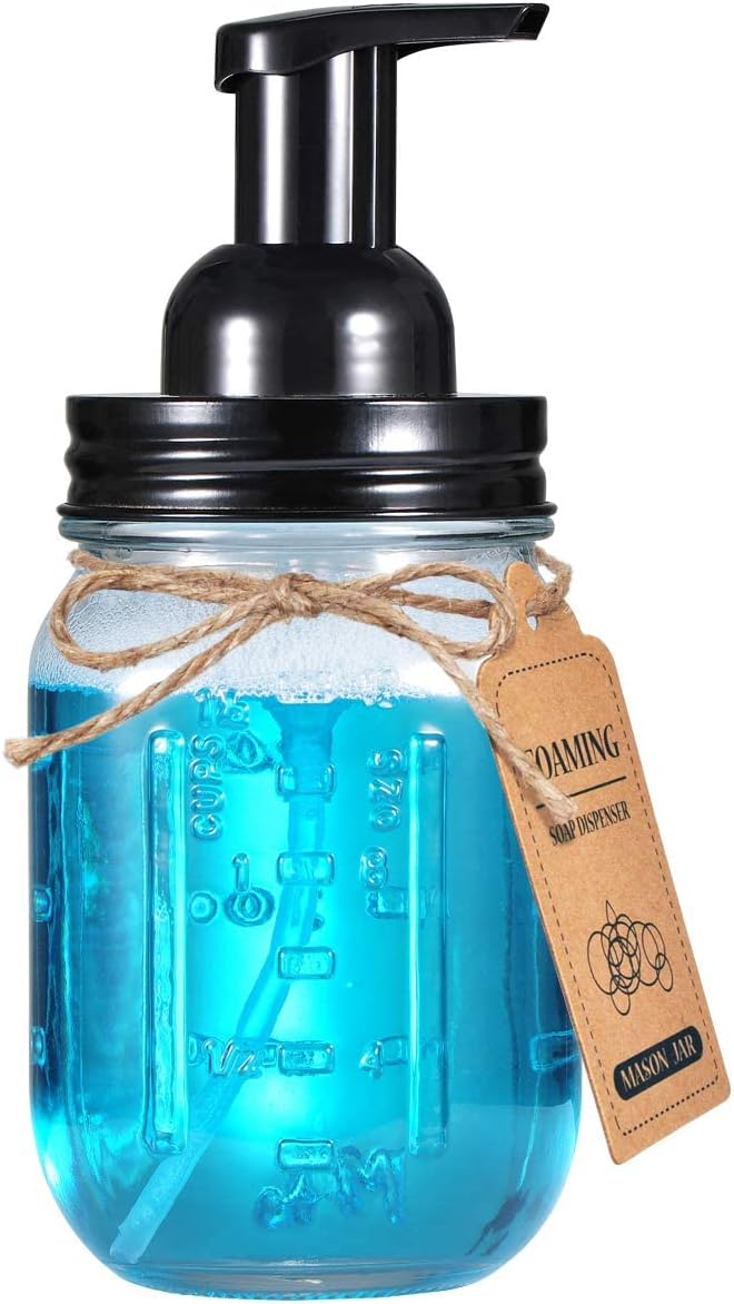 Amolliar Mason Jar Foaming Soap Dispenser, Plastic Pump Rustproof Stainless Steel Lid, Waterproof Label, Rustic Farmhouse Decor Hand Soap Dispenser, Dish Soap for Bathroom, Kitchen, Bath, Black 2 Pack