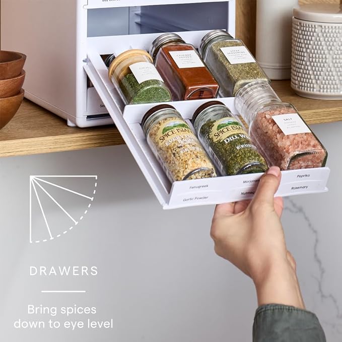 YouCopia SpiceStack,18-Bottle Adjustable Spice Rack Organizer, Pull-Out Seasoning Holder for Kitchen Cabinet and Pantry Storage with 104 Labels and Adjustable Dividers, Speckled White
