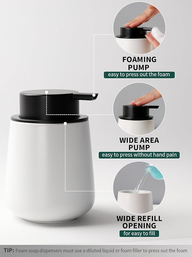 Bosilunlife Soap and Toothbrush Holder Set - Ceramic Bathroom Accessories Set White Foaming Hand Soap Dispenser Set Bathroom Counter Toothbrush Holder and Soap Dispenser Set