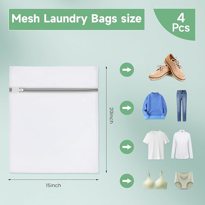 4Pcs Mesh Laundry Bags, Durable Delicate Laundry Bag for College, Dorm, Travel, Family and Apartment Dwellers, (15x20 Inches), White