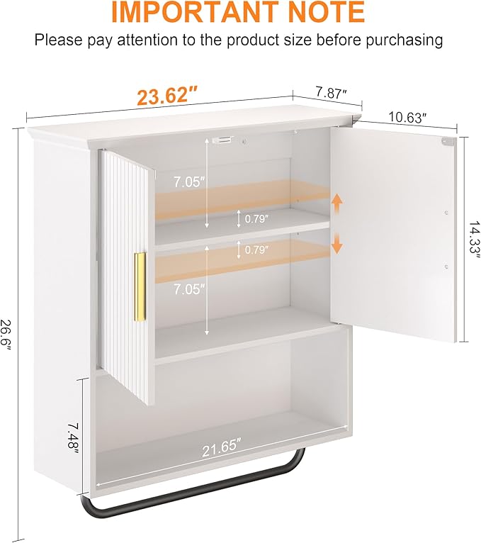 Bathroom Wall Cabinet with Towel Bar, 2 Doors & Adjustable Shelves - Space Saving Wood Wall Mounted Medicine Cabinet Storage Organizer for Bathroom, Laundry, Kitchen, Living Room (White)