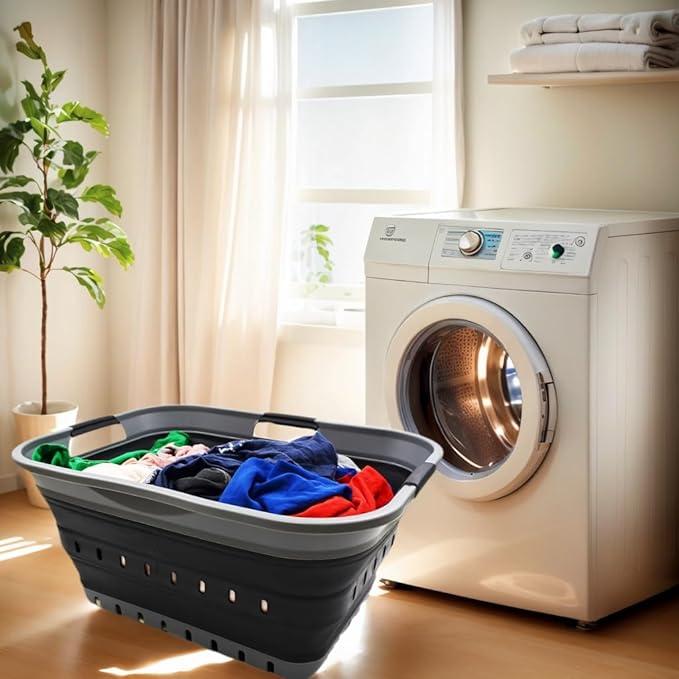 SAMMART 42L (11 gallon) Collapsible Plastic Laundry Basket - Foldable Pop Up Storage Container/Organizer - Portable Basket - Space Saving Hamper/Basket (2, Grey/Black)