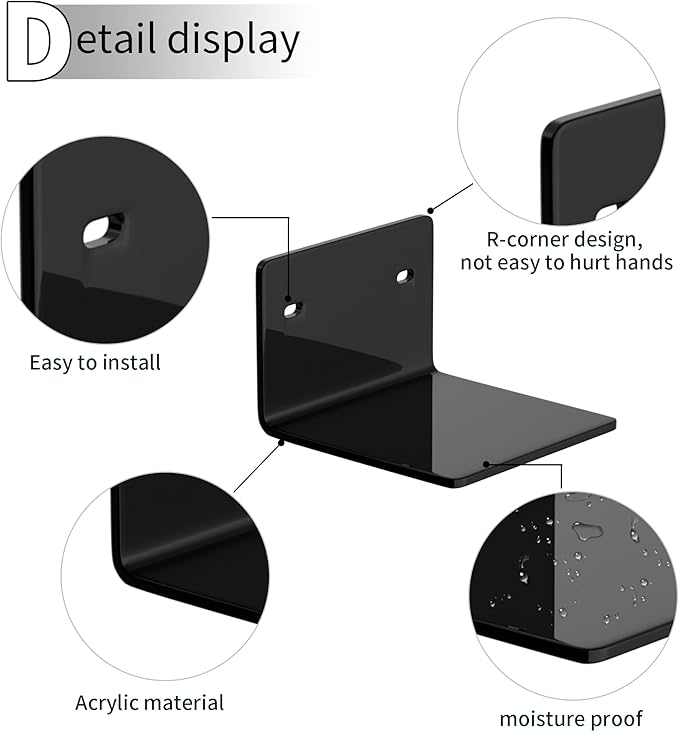 4 Inches Black Small Wall Shelves Set of 2, Acrylic Wall Organizer Shelf Display Shelves for Bedroom, Gaming Room, Living Room, Bathroom, Office, 2 Pack