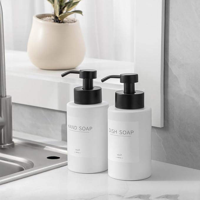 Foaming Soap Dispenser Set, 12 Oz Glass Hand Soap Dispenser with 304 Rust Proof Stainless Steel Pump, Waterproof Labels, for Bathroom Decor Kitchen College Dorm, White Black Pump 2 Pack