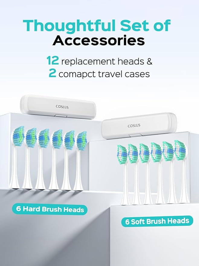 COSLUS C40 Sonic Electric Toothbrush for Adults: 47000 VPM for Deep Cleaning & Whitening with Travel Case - 5 Modes for Sensitive Teeth & Braces, Wireless Charging, 6 Brush Heads, Pink & Green (2PCS)