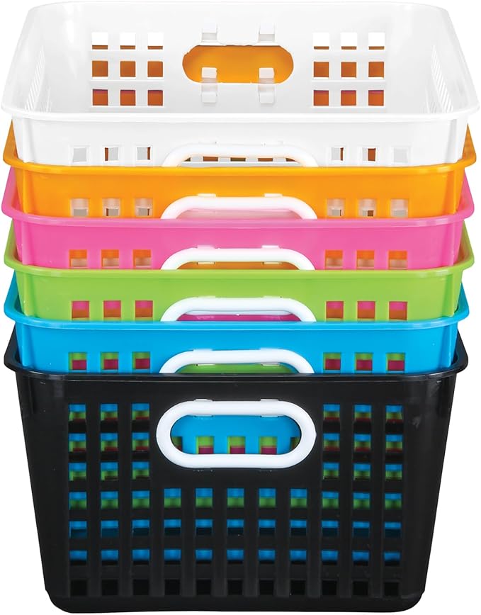 Really Good Stuff Large Plastic Storage Baskets with Handles, 13.75" x 9.75" x 5", Neon Group Colors, for Books & Supplies, Organize Classroom & Home