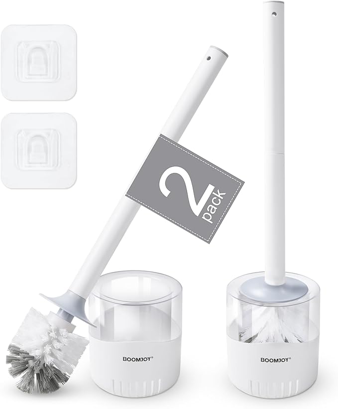BOOMJOY Toilet Bowl Brush and Holder, 2 Pack Toilet Brush and Holder Set with Dense Bristles for Bathroom Deep Cleaning, Household Cleaning Accessories, Easy to Assemble, Clear