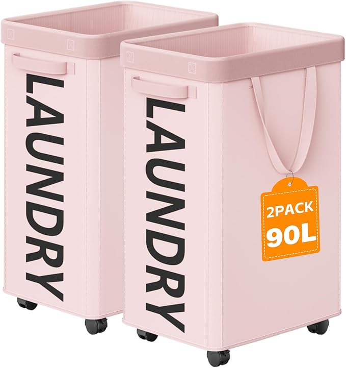 2 Pack Rolling Laundry Basket with Wheels, 90L Hamper with Wheels and Removable Mesh Bag, Pink Laundry Baskets on Wheels for Bedroom, Dorm, Clothes Hamper Organizer