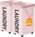 2 Pack Rolling Laundry Basket with Wheels, 90L Hamper with Wheels and Removable Mesh Bag, Pink Laundry Baskets on Wheels for Bedroom, Dorm, Clothes Hamper Organizer