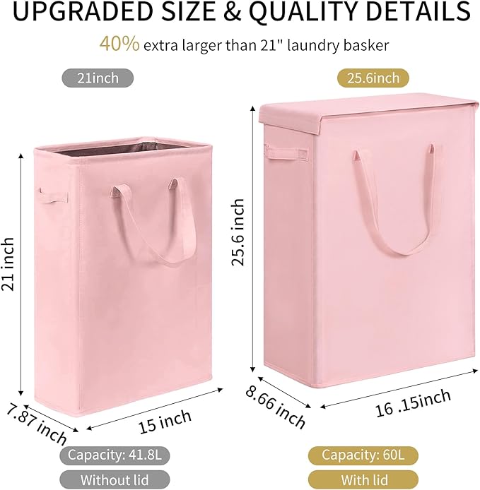 Chrislley 60L Slim Laundry Hamper with Lid Narrow Laundry Basket with Handle Upgrade Foldable Dirty Clothes Hamper Portable Skinny Hamper Organizer Storage Bins (25.6 inches, pink)