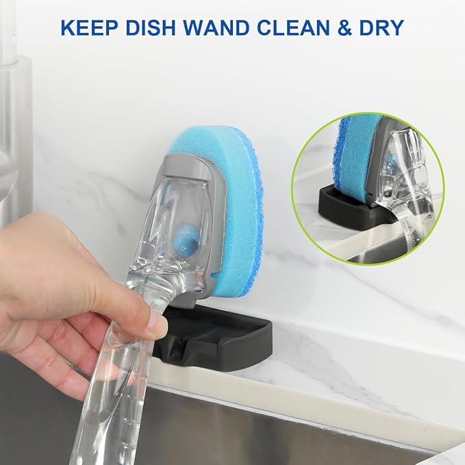 LANMU Self-Adhesive Dish Wand Holder Compatible with Scotch Brite Dishwand, Silicone Dish Brush Holder for Kitchen Sink Caddy, Soap Wand Organizer with Drain Spout (Black)
