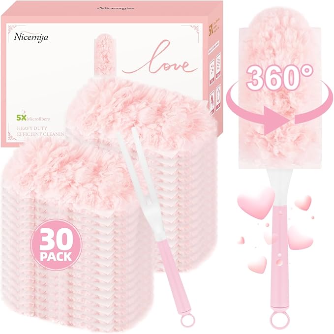 30 Count Pink Duster Refills Compatible with Swiffer Handle, 360° Multi-Surface Duster Refills with 1 Handle, 5X Microfibers Disposable Dusters for Valentines Home, Office Cleaning