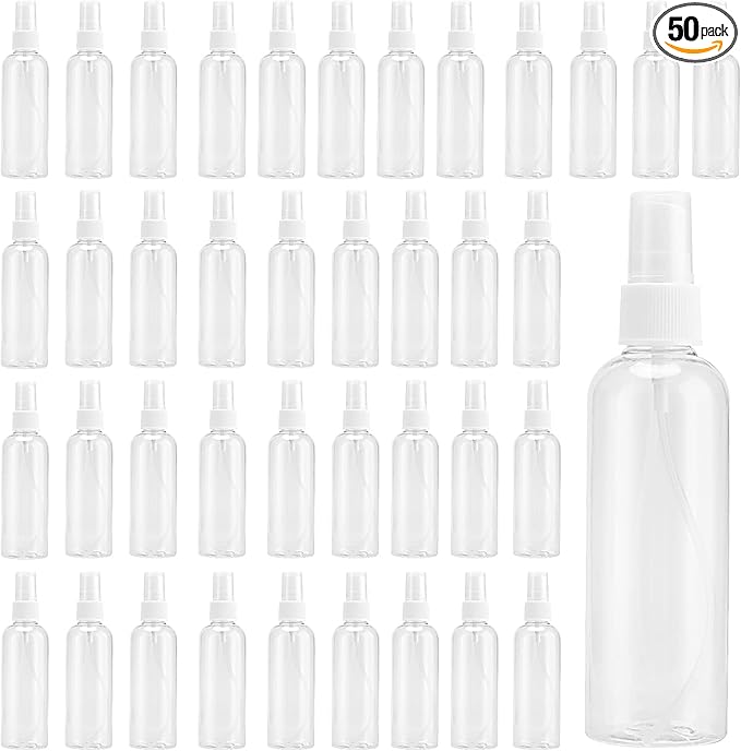 50 PCS 30ml 1oz Clear Spray Bottles, Small Plastic Fine Mist Spray Bottles Bulk, Empty Refillable Travel Size Containers for Essential Oils, Hair Perfume Liquid