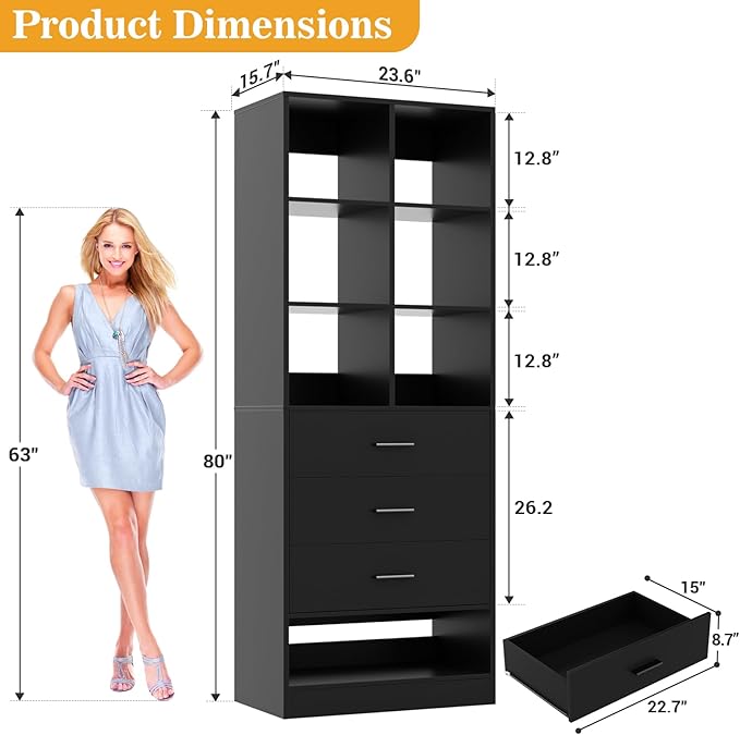 Homieasy Closet System Organizer with 3 Drawers and Partition Storage, Freestanding Wardrobe Organizer Modular with Shoe Shelf, Expandable for Walk-in or Reach-in Closets, Black